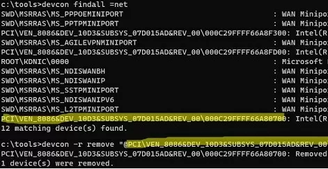 devcon: remove ghost network adapter on windows