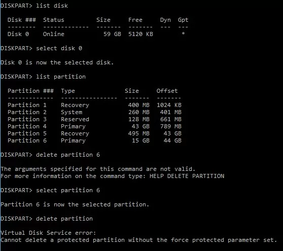 diskpart error : Cannot delete a protected partition