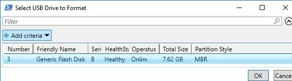 powershell: select usb flash drive to format