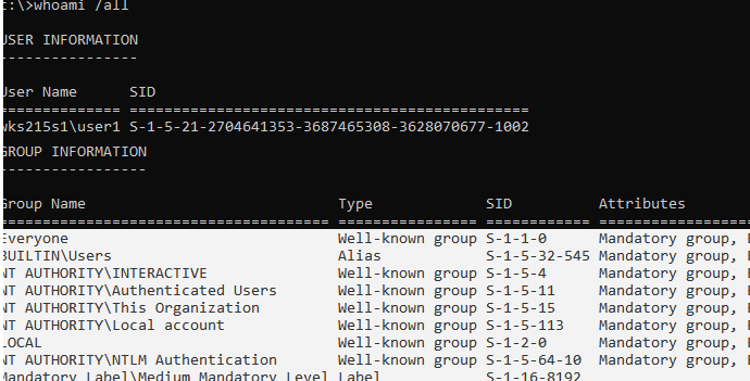 whoami /all - get list of local groups a user is a member of 