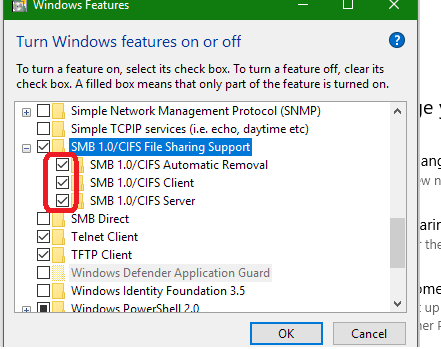 windows 10 1709 install smb1